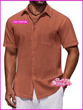 Men's Short Sleeve Button Down Shirt Casual Cotton Beach Summer Linen Textured